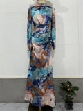 Lady Pleated Waisted Lantern Sleeve Printed Dress