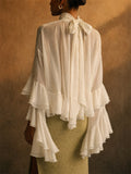 Women's Chiffon Tiered Ruffle Flare Sleeve High Neck Top