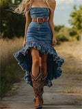 ‌Boho Denim High-Low Asymmetric Hem Tube Dress for Women‌