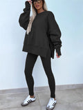 Women's Autumn Loose Solid Color Round Neck Split Hem Sweatshirts & Sweatpants Outfit