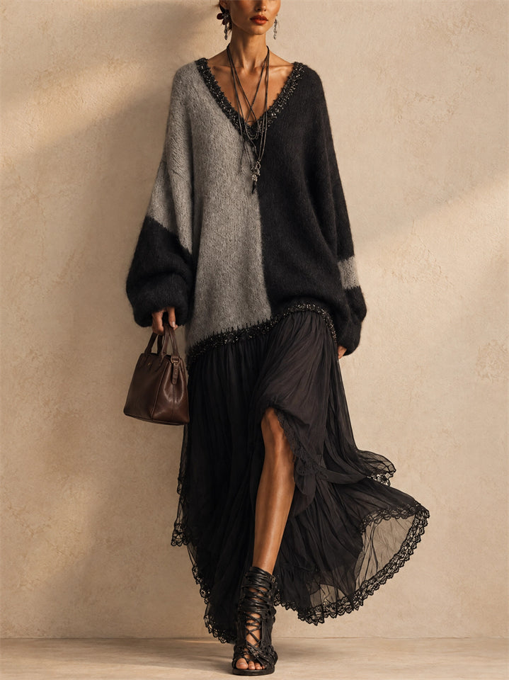 Women Color Block Knit V Neck Long Sleeve Midi Sweater Dress