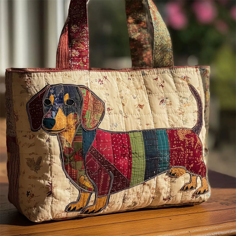 Quilted Patchwork Dachshund Print Tote Bag for Women‌