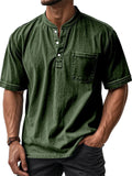 Men's Distressed Solid Color Quarter Button Pocket Round Neck Shirts