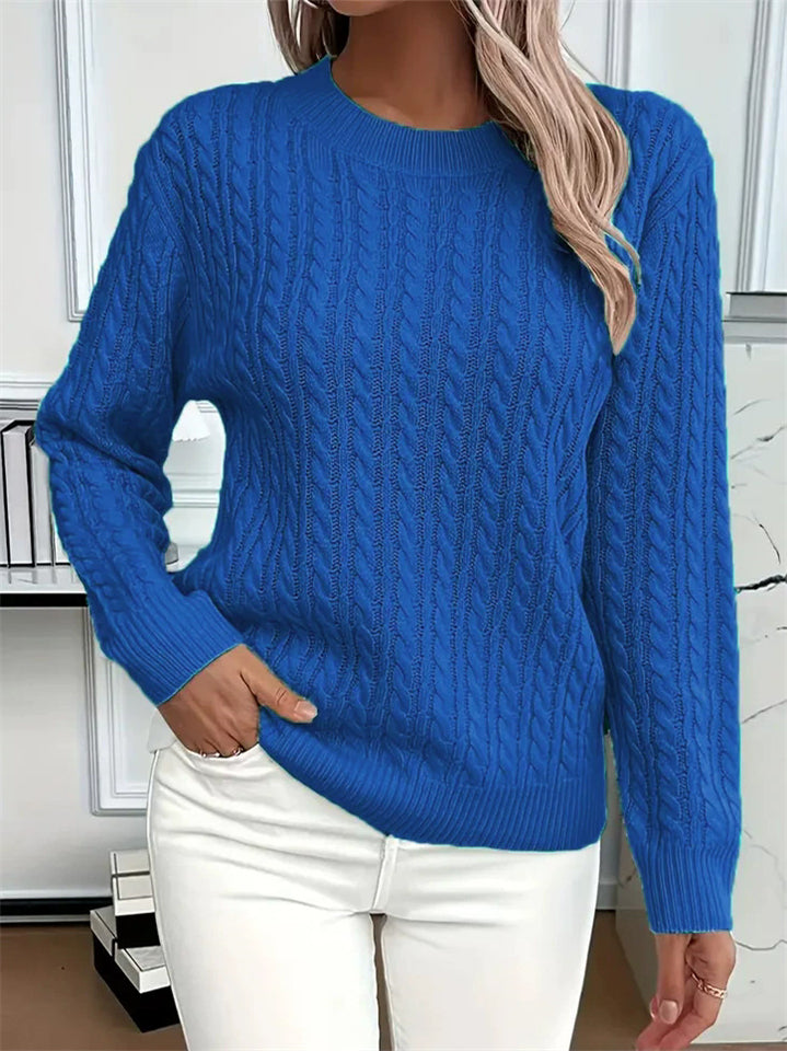 Women's Macaron Color Round Neck Soft Cable Knit Sweaters