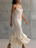 Women's White Crochet Knit Ruffle Backless Beach Mermaid Maxi Dress