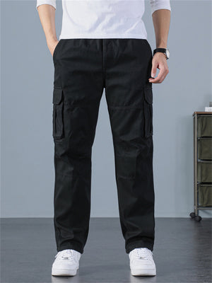 Male Solid Straight Multiple Pockets Cargo Straight Trousers