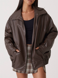 ‌Stylish Faux Leather Lapel Oversized Moto Jacket for Women