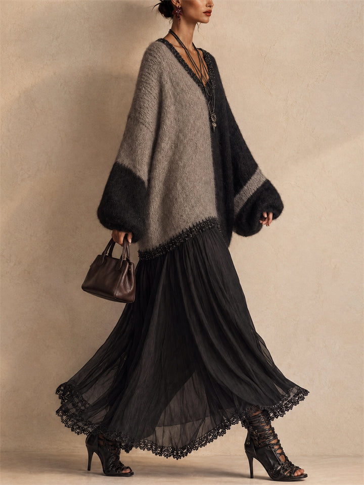 Women Color Block Knit V Neck Long Sleeve Midi Sweater Dress