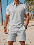 Men's 2Pcs Summer Solid Color Short Sleeve Polo Shirt & Shorts Set
