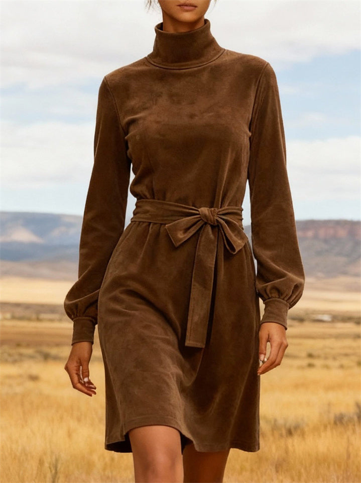 Casual Suede Turtleneck Dress for Women with Belt and Puff Sleeves