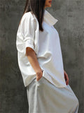 Women's High Neck Oversized Cotton Linen Half Sleeve Shirt
