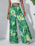 Women's Holiday Style Leaves Printed Chiffon High Waist Wide Leg Pants