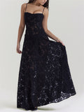 Ladies French Style Spaghetti Strap Backless Lace Long Dress