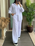 Women's 2Pcs Casual Solid Color Button Up Long Sleeve Shirt & Pants Set