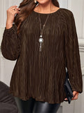 Women's Plus Size Vintage Pleated Round Neck Long-sleeved Blouses