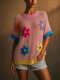 Women Colorful 3D Floral Applique Short Sleeve Knit Top