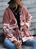 Women's Autumn Contrast Color Printed Patchwork Button Up Fleece Coats