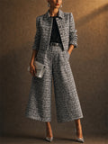 Women 2 Piece Chic Tweed Plaid Cropped Jacket Wide Leg Pants Set