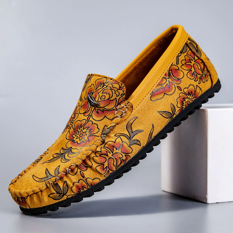 Male's Trendy Faux Leather Roses Printed Flats Moccasin Shoes