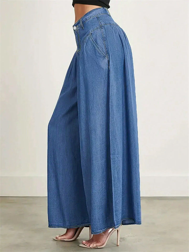 Women's Trendy Blue Solid Color Wide Leg Flared Denim Pants