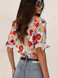 Women's 3/4 Sleeve Lapel Floral Print Blouse