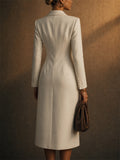 Womens Elegant White Double-Breasted Slim Fit Tailored Blazer Midi Coats