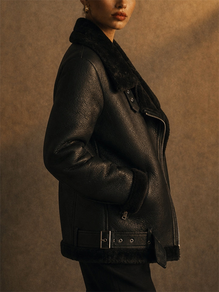 Womens Oversized Faux Shearling Aviator Biker Jacket with Zipper Pocket