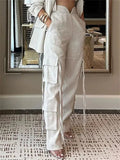 Women's 2Pcs Casual Solid Color Cardigan Lapel Top & Multi Pockets Pants Set
