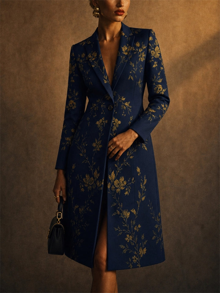 Women Elegant Navy Gold Floral Satin Tailored Long Blazer Coat