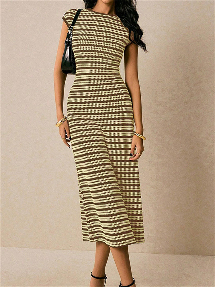 Women Striped Knitted Midi Dress Sleeveless Slim Fit Casual Office Wear