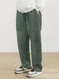 Men's Trendy Loose Fit Textured Striped Pleated Trousers with Big Pockets