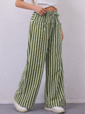 Women's Summer Contrast Color Striped Mid-Rise Drawstring Wide Leg Pants
