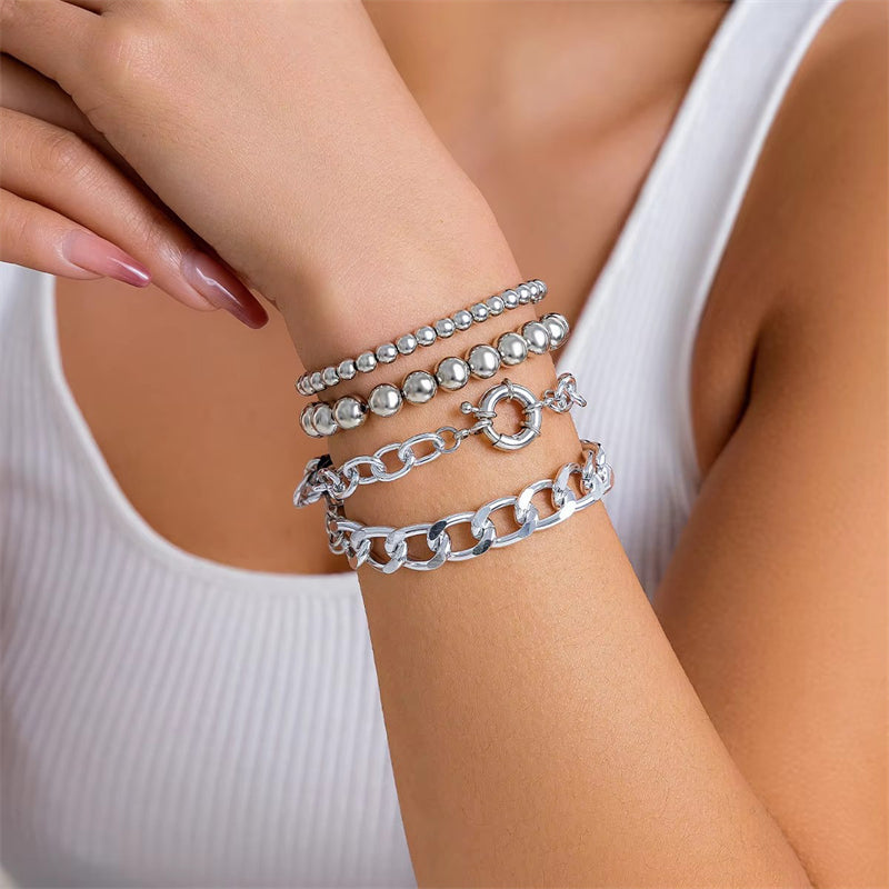 4Pcs/Set Unisex Silver Metal Chain Beaded Bracelets