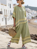Women's 2pcs Summer Contrast Color Stripe Short Sleeve Top & Pants Set