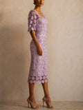 Women Elegant Crochet Square Neck Puff Sleeve Midi Dress