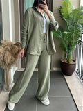 Women's 2Pcs Casual Solid Color Button Up Long Sleeve Shirt & Pants Set