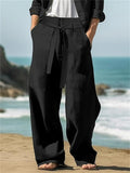 Men's Solid Color Linen Tie-Waist Wide Leg Straight Pants