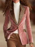 ‌Chic Velvet Blazer with Leopard Trim for Women‌