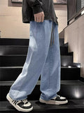 Men's Streetwear Faded Drawstring Elastic Waistband Wide Leg Denim Pants