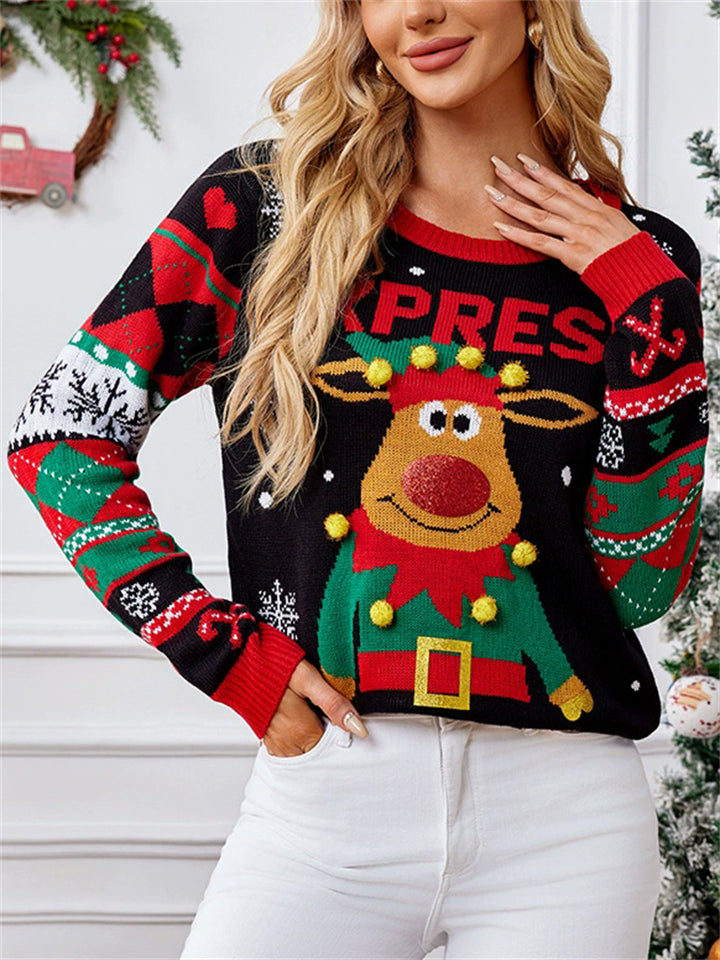 Women's Autumn Elk 3D Fur Ball Sequined Round Neck Christmas Sweaters