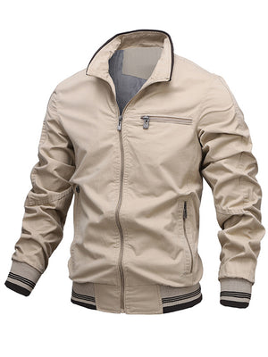 Men's Pure Cotton Stand Collar Anti-Theft Zipper Pocket Casual Jacket