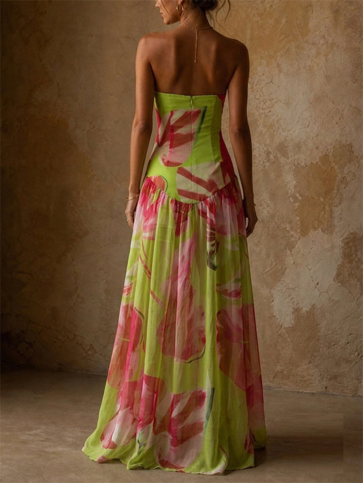 Women Strapless Floral Slit Summer Holiday Wedding Gown Maxi Dress