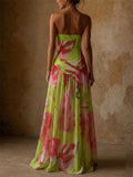 Women Strapless Floral Slit Summer Holiday Wedding Gown Maxi Dress