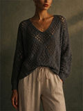 Women V Neck Crochet Knit Sweater Hollow Out Boho Beach Top