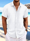 Men's Striped Texture Cotton Linen Short Sleeve Shirt