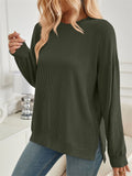 Women's Casual Solid Color Split Round Neck Long Sleeve T-Shirt