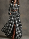 French Style Vintage Buttons Plaid Maxi Shirt Dress for Women