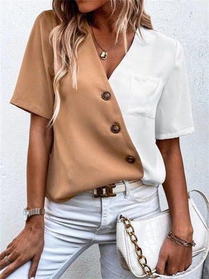Trendy Contrast Color V Neck Half Sleeve Button Shirt for Lady