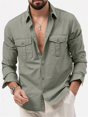 Autumn Long Sleeve Lapel Collar Chest Pocket Male Shirt