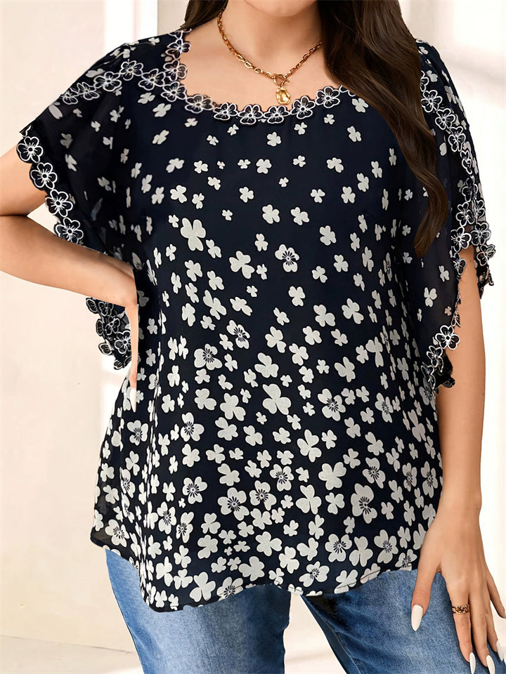 Women's Summer Black Clover Printed Square Neck Chiffon Shirt
